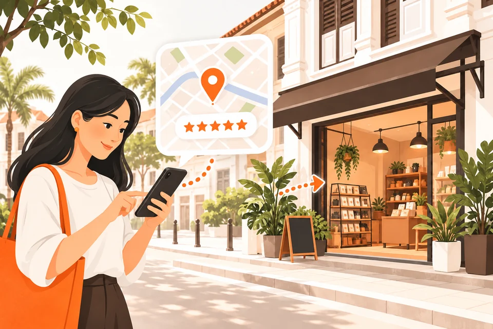 A shopper uses her smartphone to discover a Malaysian neighbourhood shop, with a map pin and review stars guiding her to its entrance.