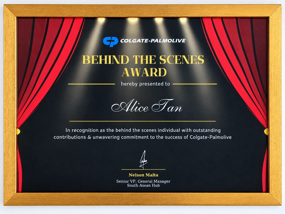 Enhanced photograph of the Colgate-Palmolive Behind the Scenes Award presented to Alice Tan